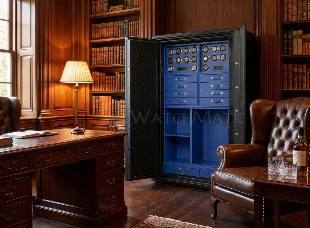 A luxury home interior featuring a sleek WatchMatic watch winder safe integrated into a custom wardrobe, replacing a traditional wooden display cabinet.